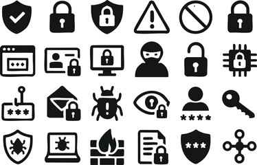 A set of cybersecurity icons depicting various aspects of online safety, including protection, prevention, and awareness against digital threats and vulnerabilities.