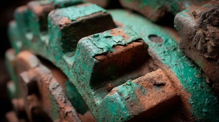 Extreme closeup of weathered greenpainted metal valve gear showing rust, peeling paint, and corrosion textures on an offshore oil rig component with seawater droplets
