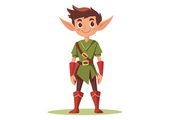 Cute Little Smiling Elf with Pointed Ears, Fairytale Magical Creature Character, Fantastic Forest Dweller Vector Illustration Isolated on White Background