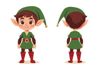 Front and back view of Christmas elf wearing green pointed hat and red boots vector illustration isolated on white background festive character for holiday