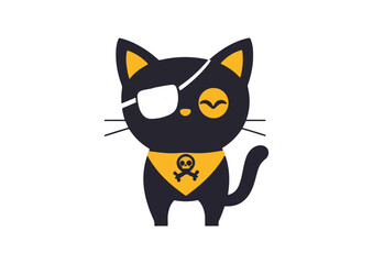 Black cat with eye patch and skull and crossbones bandana vector illustration isolated on white background cute cartoon character design for Halloween party