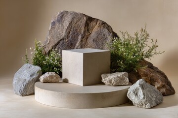 Natural stone podium with greenery and geometric cube