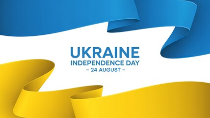 Ukraine Independence Day Celebration Banner, 24 August with Blue and Yellow Ribbon Design