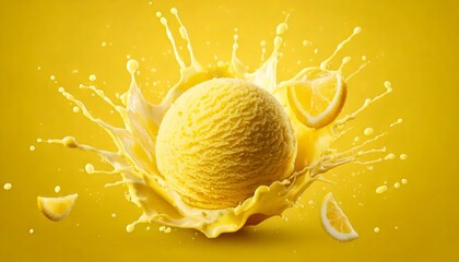 Lemon ice cream tossed on creamy pastel lemon yellow background