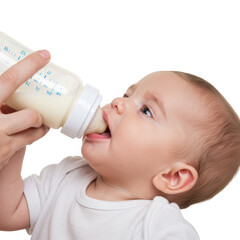 Close up of a baby s face as a hand offers a milk bottle for feeding isolated on transparent background