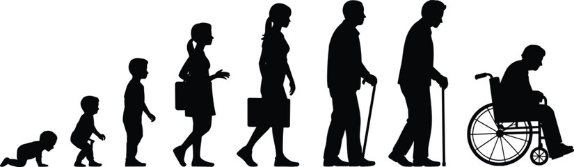 Silhouette showing life stages from baby to elderly in wheelchair, human aging concept, people growing up vector, life cycle progression illustration
