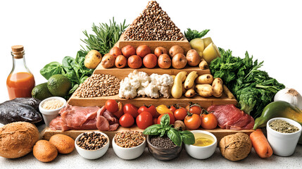 Four abstract colorful food pyramids merging into one harmonious structure, representing dietary synergy.