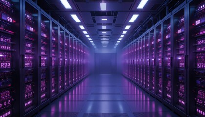 Futuristic data center corridor with glowing purple server racks and advanced network hardware.