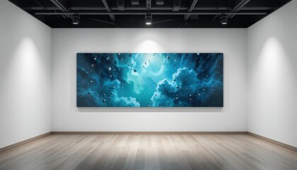 A large horizontal canvas mockup displaying a cosmic nebula in a modern gallery setting