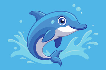 Naklejka premium Cartoon Dolphin Jumping Out of Water with Bubbles in the Ocean