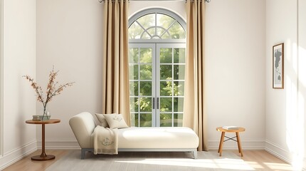 A bright room with a chaise lounge near a window and a small table with a vase of flowers on it