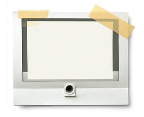 A rectangular, light gray, framed device, taped