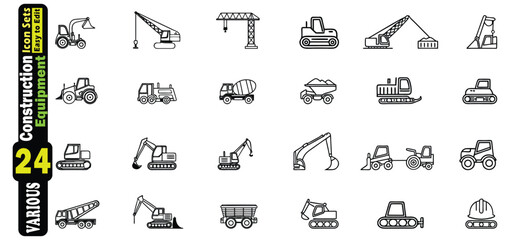 Black Outline Construction Equipment Icons on White Background icon set excavator