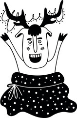 Funny Christmas reindeer in a bag. The concept of Christmas, New Year. Cute hand-drawn illustration