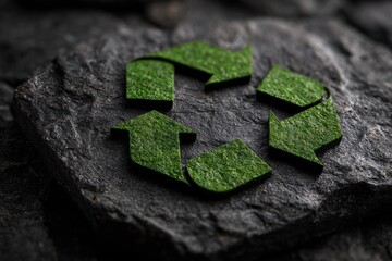 Green recycle symbol embossed on dark stone