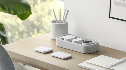 Grey and white storage containers on a light-colored wooden surface.