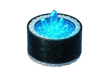 Sushi roll filled with glowing blue crystals and liquid, isolated on transparent background, perfect for fantasy or gaming projects