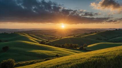Obraz premium A bright sunrise over rolling hills, signifying hope