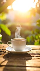 Hot coffee cup on wooden table, morning sunlight