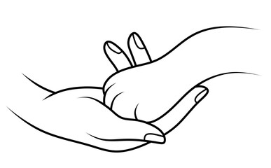 Fototapeta premium A hand holding a cat's paw, line illustration. Concept of love and care for pets. Logo for an animal shelter or veterinary clinic. Drawn cat paw.