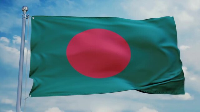 Bangladesh flag waving proudly in the wind against a bright cloudy sky for national pride and patriotic expression video.