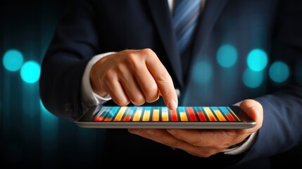 Businessman using a tablet with colorful bar graph on screen in a modern digital environment