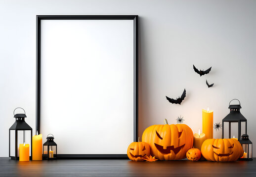Halloween Mockups pumpkin frame with autumn decoration and spooky orange pumpkin border design for holiday celebration card invitation - Powered by Adobe