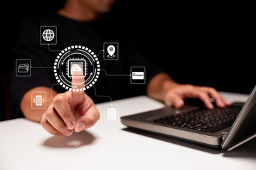 A person uses a fingerprint scanner on a laptop, interacting with digital icons representing security, connectivity, and data access.