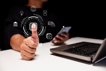 A person gives a thumbs-up in front of a laptop while digital AI technology icons hover around the thumb, symbolizing artificial intelligence and innovation.