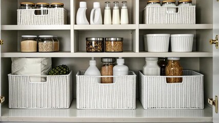 A chic pantry gains style and function with organized storage solutions like baskets and containers