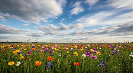 Vibrant wildflower field with diverse blooms under a cloudy sky during daytime