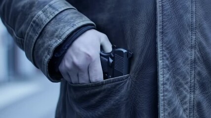 A person's hand grips a pistol concealed within the pocket of a dark leather jacket.