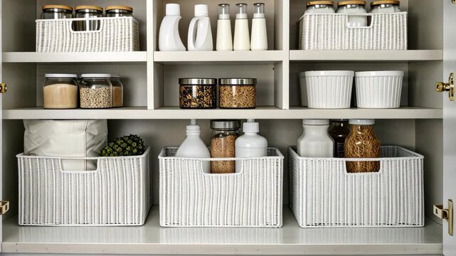 A chic pantry gains style and function with organized storage solutions like baskets and containers