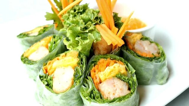 Fresh spring rolls with shrimp isolated on white background