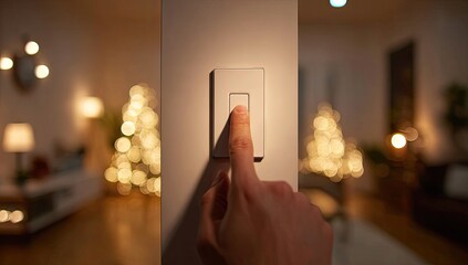 A hand turning a light switch on, blurred Christmas lights in background