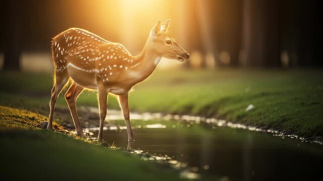 Fawn Drinking Water at Sunset in Forest
