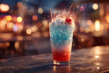Celebrate patriotism with a vibrant patriotic cocktail! A photorealistic and delicious cocktail in the colors of the American flag is presented with sparkling lights on top of the glass.