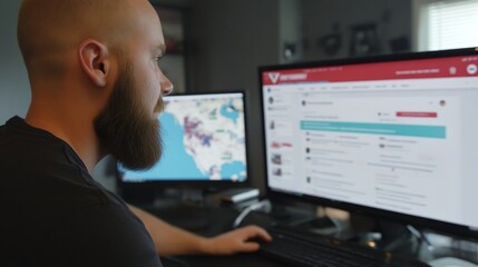 Focused male digital marketer analyzing twitter heatmap on dual monitors in dim home office highlighting social media engagement and data visualization