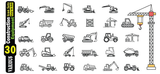 Collection of 30 Outline Icons for Construction Equipment and Vehicles heavy machinery