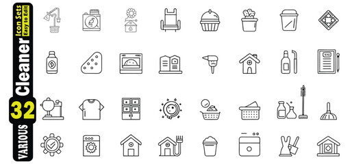 Fototapeta premium Collection of 32 black and white line art icons for cleaning and household tasks domestic