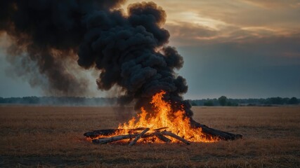 A burning fire in an empty field, conveying passion