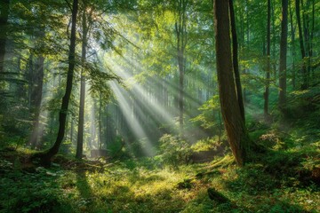Fototapeta premium Serene forest setting bathed in sunlight showcasing peaceful greenery and natural beauty for nature enthusiasts and landscape lovers