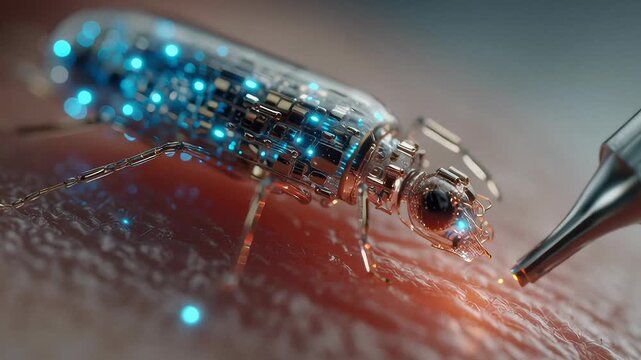 Robotic insect on skin with glowing blue circuits performing precise laser treatment, science fiction medicine concept footage.