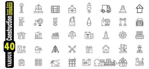 Collection of 40 construction and industrial line art icons industry building