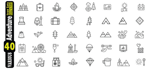 Collection of 40 outline icons representing adventure and outdoor activities icon set camping