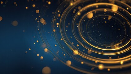 Obraz premium Golden concentric circles on dark blue background with glittering particles