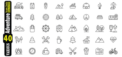 Collection of Outline Icons for Camping Hiking and Outdoor Adventure Activities travel