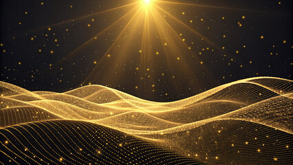 Golden wavy hills shine with starlight and beams, a dreamy scene