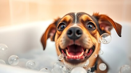 A playful dog enjoying a bubbly bath, captured in a warm and joyful moment.