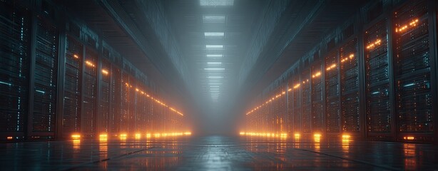 Futuristic server room lit by warm orange lights